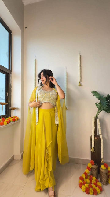 Georgette Skirt Set with Sequin Embroidered Blouse & Mirror Work Koti
