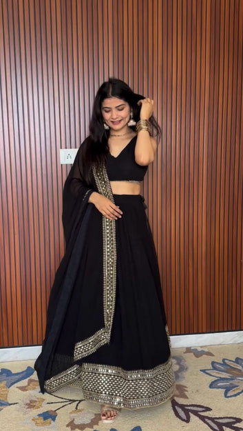 Faux Georgette Semi-Stitched Lehenga with Thread & 9mm Sequin Work