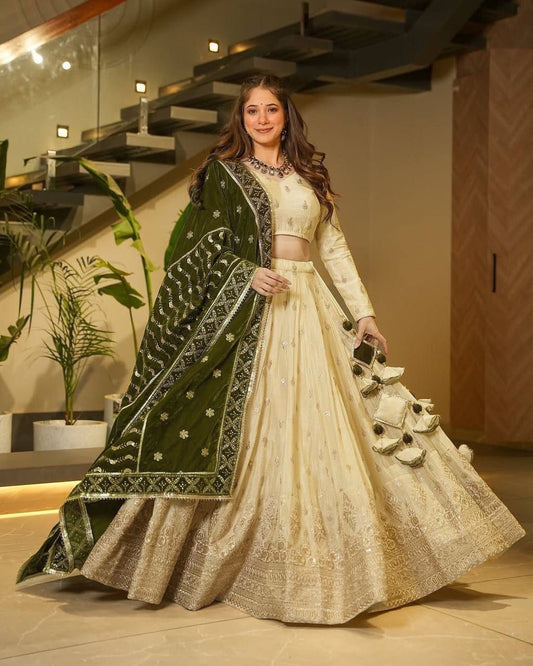 Silkyani Slab Semi-Stitched Lehenga with Thread & Sequin Work