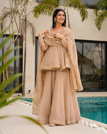 Graceful Charm Tabby Organza Mukesh Work Set with Fully Stitched Plazo