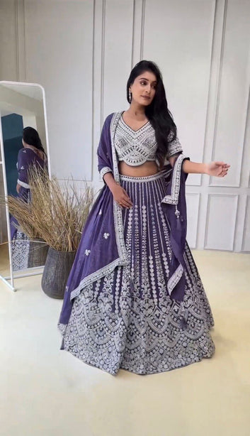 Faux Georgette Semi-Stitched Lehenga with Coding Dori & Sequin Work