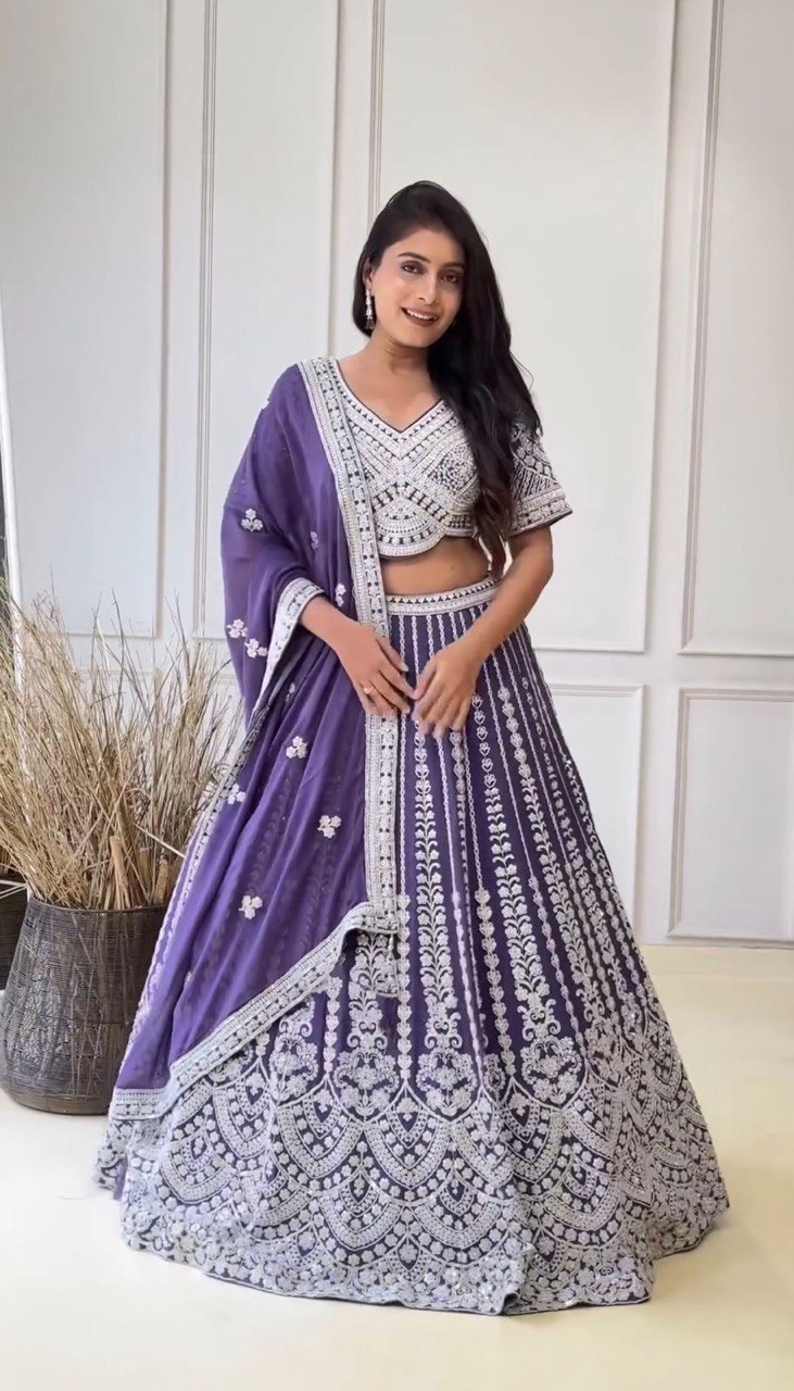 Faux Georgette Semi-Stitched Lehenga with Coding Dori & Sequin Work