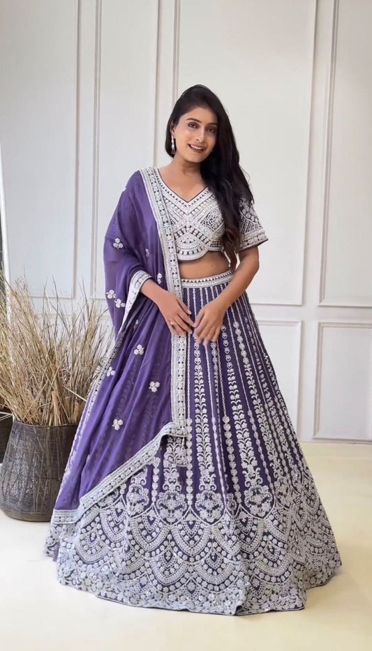 Faux Georgette Semi-Stitched Lehenga with Coding Dori & Sequin Work