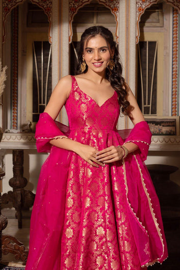 Royal Weave Jacquard Silk Suit Set With Cotton Micro Pant & Butterfly Net Dupatta