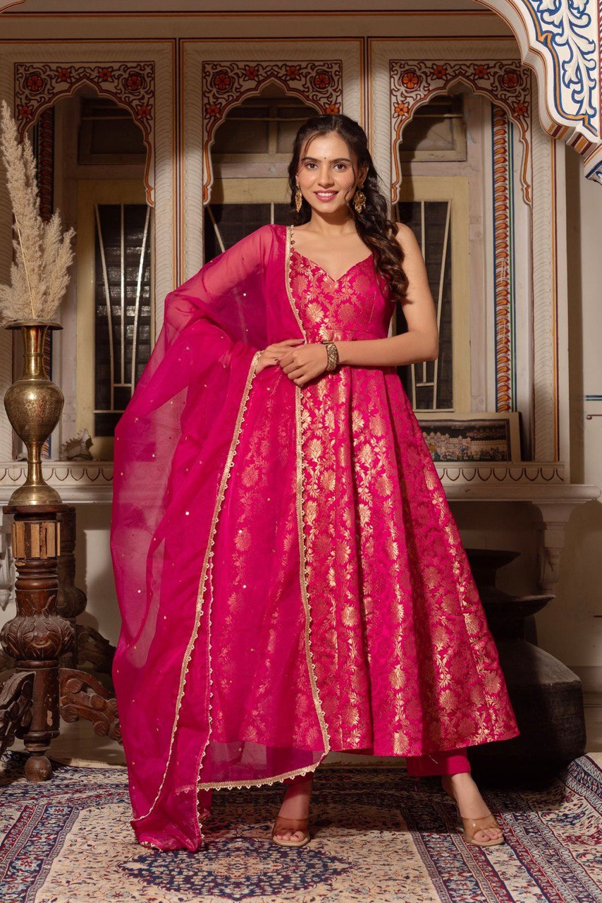 Royal Weave Jacquard Silk Suit Set With Cotton Micro Pant & Butterfly Net Dupatta