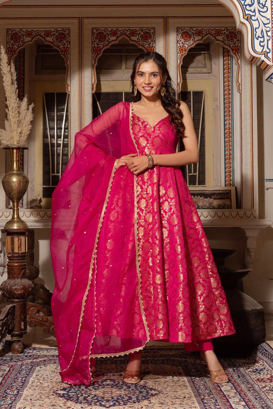 Royal Weave Jacquard Silk Suit Set With Cotton Micro Pant & Butterfly Net Dupatta