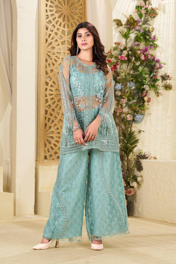 Butterfly Net Co-ord Set with Sequin Embroidery | Top, Plazzo & Micro Blouse