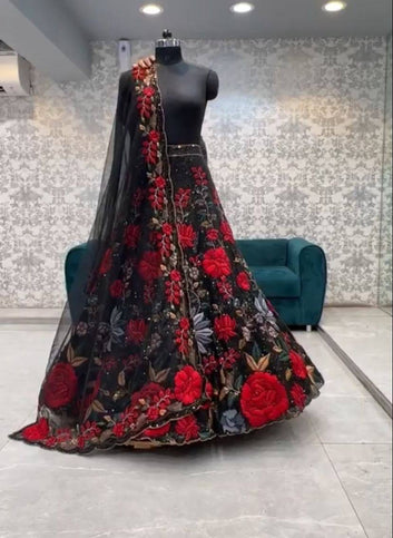 Soft Mono Net Heavy Sequins Embroidered work 5 meter flare Lehenga with Cancan & Canvas Patta
