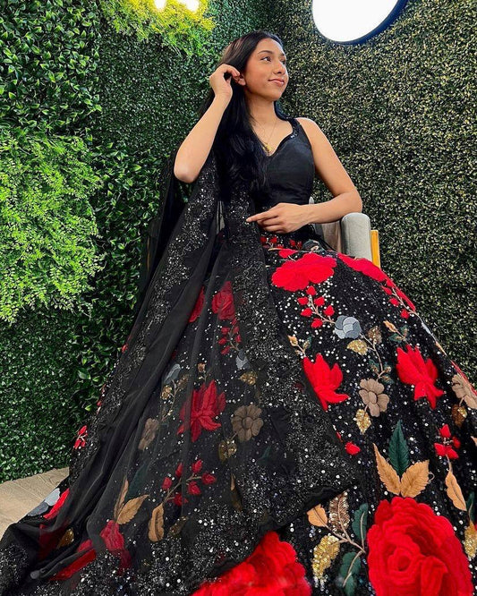 Soft Mono Net Heavy Sequins Embroidered work 5 meter flare Lehenga with Cancan & Canvas Patta