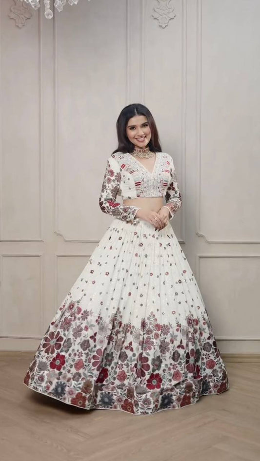 Chic Semi-Stitched Lehenga in Faux Georgette with Sequin and Thread Embroidery