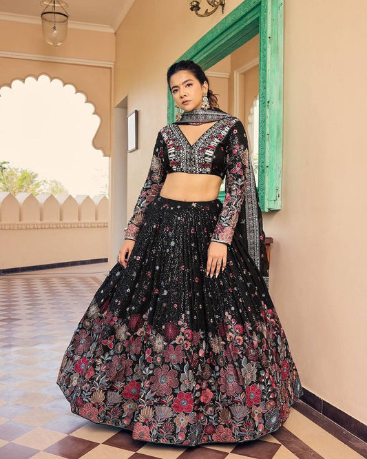 Chic Semi-Stitched Lehenga in Faux Georgette with Sequin and Thread Embroidery