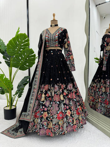 Chic Semi-Stitched Lehenga in Faux Georgette with Sequin and Thread Embroidery