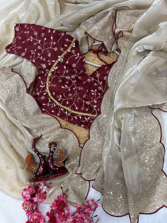 Premium Designer Saree in Soft Jimmy Choo Fabric with Heavy Embroidery & Ready Banglori Blouse