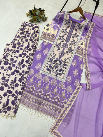 DESIGNER WEAR PRINTED KURTA PANT SUIT IN THREE PIECE WITH REAL MIRROR WORK