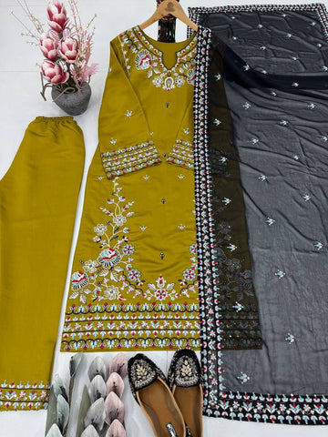 Designer 3-Piece Party Wear Suit in Heavy Roman Silk with Sequin Embroidery