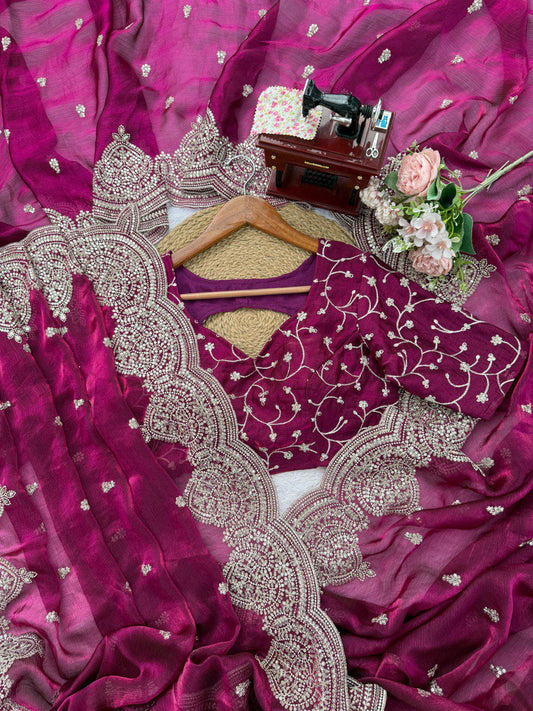 Lightweight Fendi Chiffon Saree & Intricate Thread & Sequin Embroidery