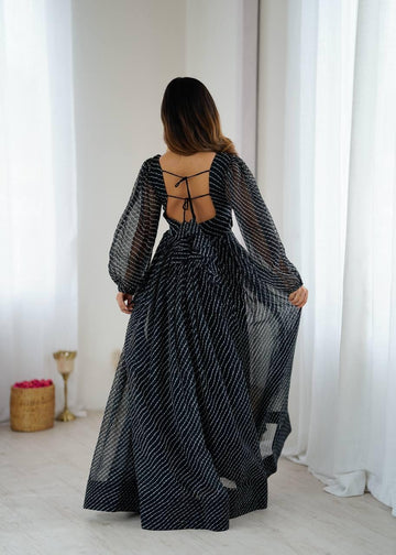Flared Georgette Maxi with Balloon Sleeves & Soft Micro Lining