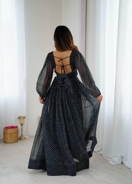 Flared Georgette Maxi with Balloon Sleeves & Soft Micro Lining